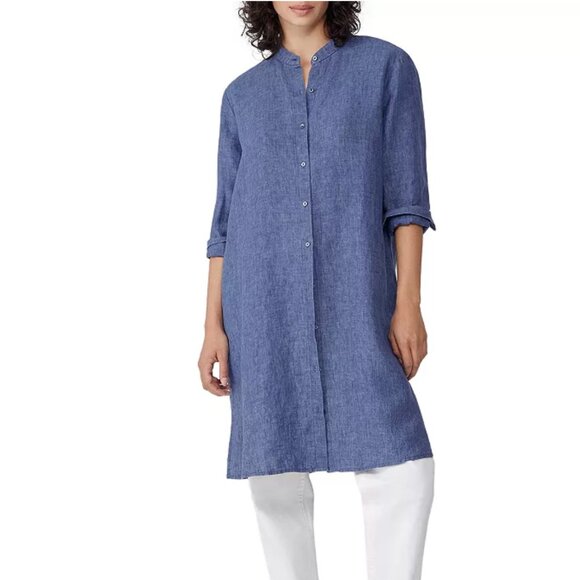 Eileen Fisher Washed Organic Linen Blue Button-Down Delave Shirtdress EUC - Picture 2 of 11